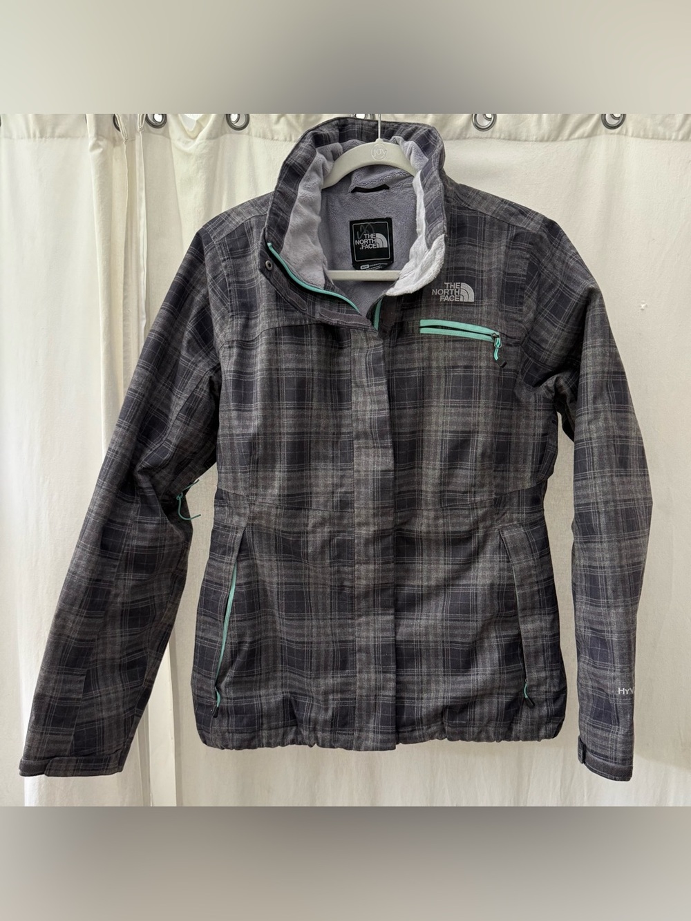 The North Face Women's Gray Plaid Ski Jacket with Teal Zippers